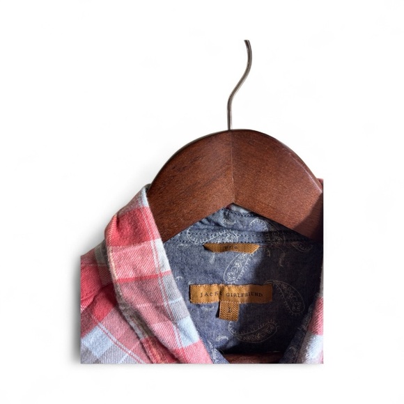 JACHS Girlfriend Coral and Blue Plaid Button-Down Long Sleeve Shirt Size Large - Picture 4 of 8